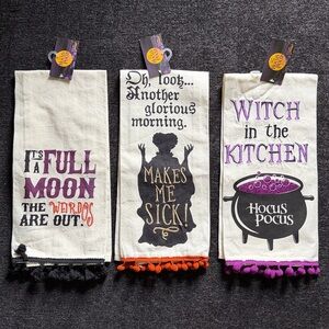 3 Hocus Pocus tea towels with fringe embellishment. 18”x27”